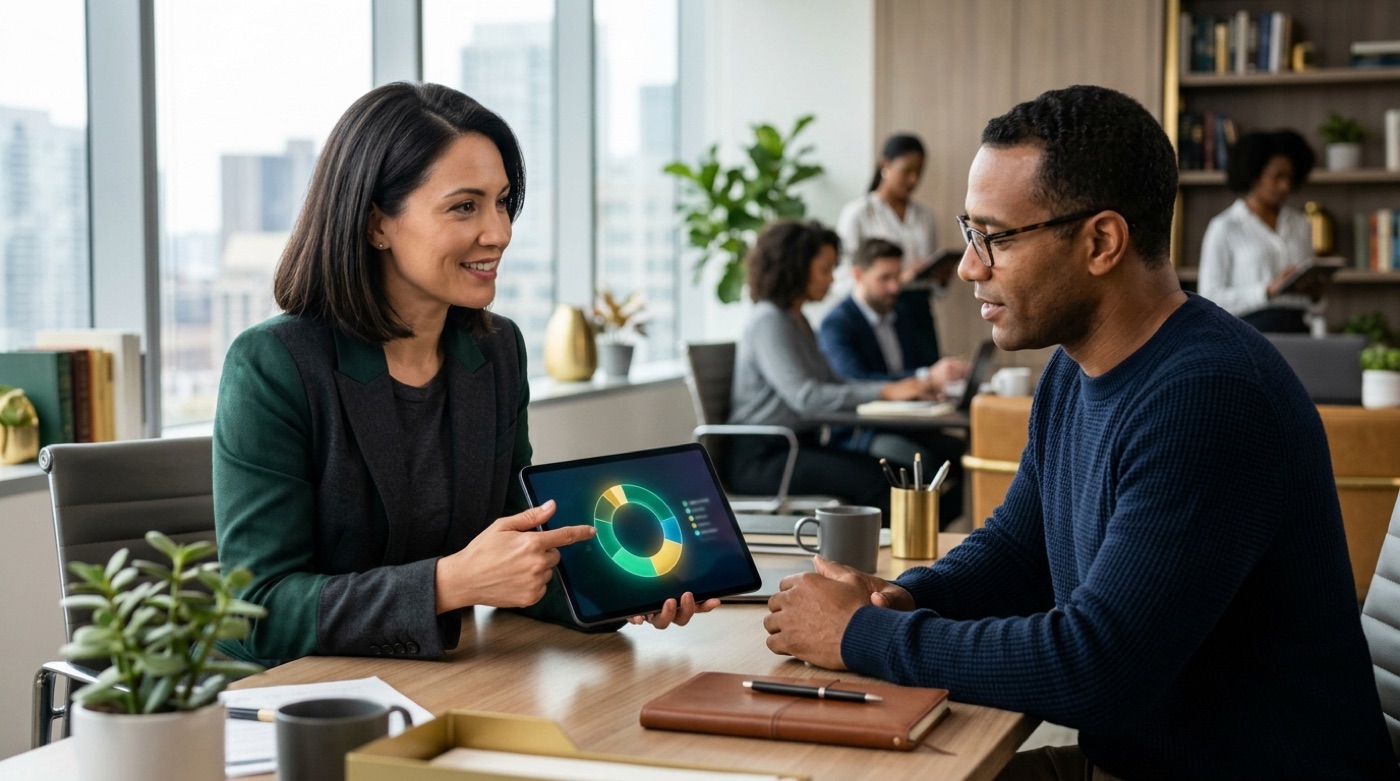 An advisor and client reviewing a diversified portfolio allocation on a tablet