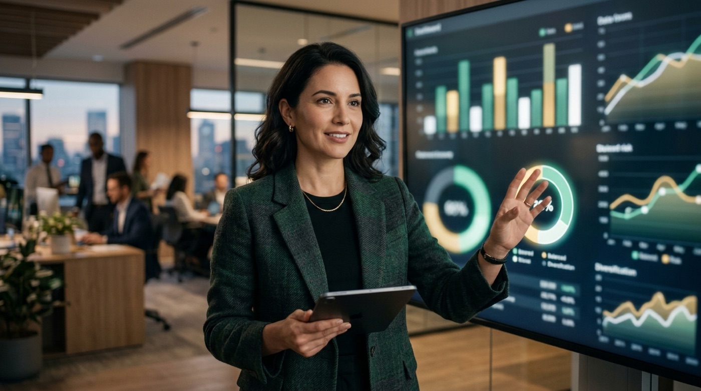 A professional analyzing balanced risk and diversification charts on a large screen