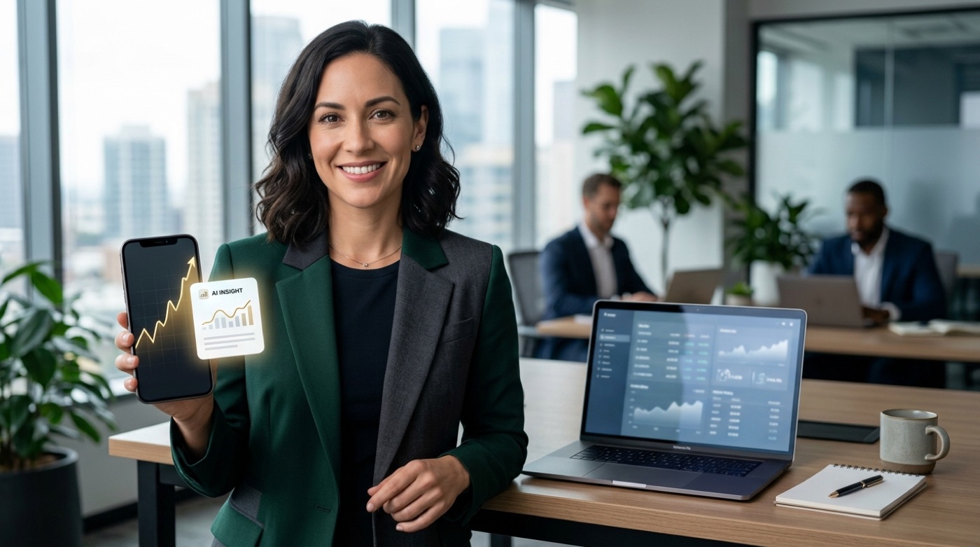 An AI investing app on a smartphone showing a rising portfolio chart and an AI insight card